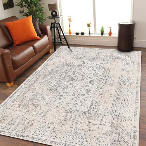 bamyum Duncan Waschbarer Vintage Bedruckter Teppich Chenille-Druck Maschinell Hergestellt 80 x 150 cm, Wohnzimmer, Schlafzimmer, Antibakteriell Antirutschunterlage Küchenteppich Beıge