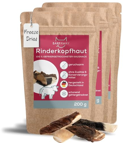 BARFAWAY Rinderkopfhaut, gefriergetrockneter Kausnack mit Fell für Hunde, 100% natürlich ohne Zusätze, Deutsche Herstellung, geruchsneutral, 3er Pack (3 x 200 g)