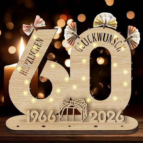 Idota 2026 60 Geburtstag Frau Geschenk Holz-Schild mit LED Gästebuch | 60 Geburtstag Deko Geschenke Geburtstag Männer & Frauen, Geburtstag Deko 60 Geburtstag Mann Deko,Personalisierbares Geschenk