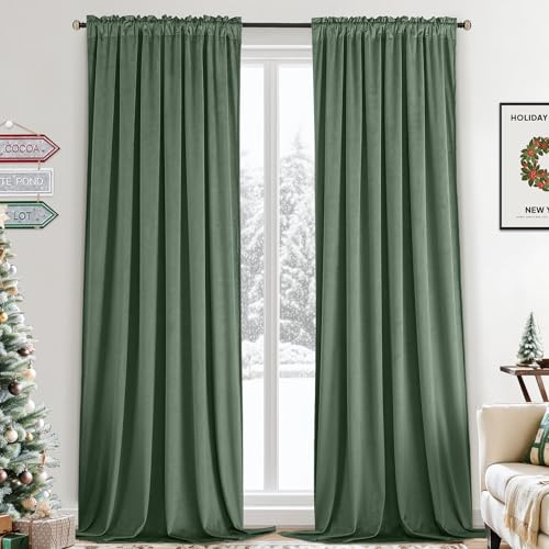 Yakamok Velvet Curtains 84 inches 2 Panels - Luxury Room Darkening Sage Green Curtains for Bedroom Living Room Boho Thermal Insulated Super Soft Window Drapes Rod Pocket, Olive Green, W52 x L84 inches