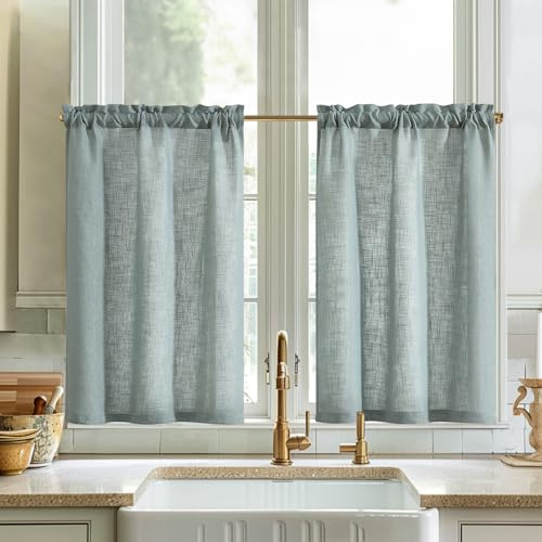 Vangao Scheibengardinen Modern Bistrogardine 2er Set 65Bx115Hcm, Graugrün | Grau Olive Küchengardinen mit Stangendurchzug, Lichtdurchlässig Gardinen Kurz für Küche Wohnwagen Wohnzimmer, 115 cm lang
