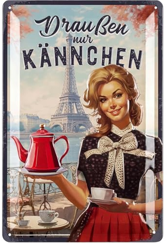 LANOLU Blechschild Retro - Draußen nur Kännchen Schild - Kaffee Schild, Metallschild Garten, Blechschild Garten für Terrasse und Kaffee-Liebhaber, Shabby Chic Vintage, 20x30cm