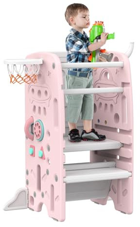 Gupamiga Gupamiga Lernturm für Kinder, Montessori Küchenhelfer, Learning Tower mit Kippschutz, 3 Stufen Höhenverstellbar (Rosa und weiß) SST- 03
