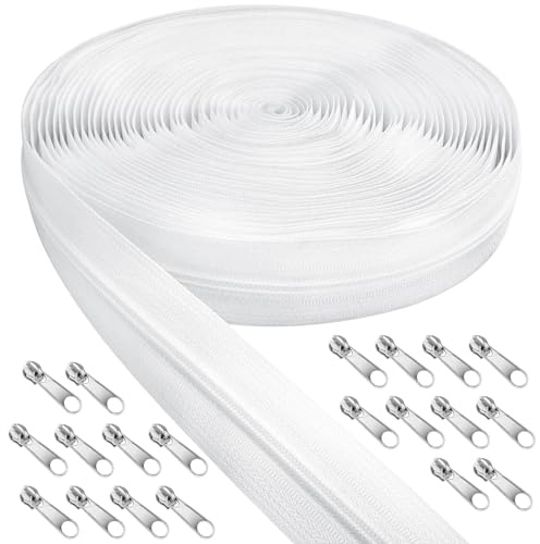 White Zips for Sewing, 5mm 10m Nylon Zips for Sewing and 20 Metal Zipper Pulls for Clothing, Bags, Pencil Cases, Bedding - White