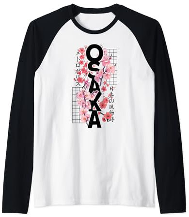 Cerezo en flor retro de los 80 de la ciudad de Osaka, Japón, Osaka Camiseta Manga Raglan