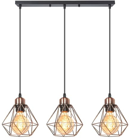 TOKIUS 3-flammig Pendelleuchte Vintage Industrial Hängelampe mit Geometrischem Design E27 Lampe aus Eisen Käfig Lampenschirm Retro Hängeleuchte für Esstisch Küche (Kupferrost, Pendellampe, Balken)
