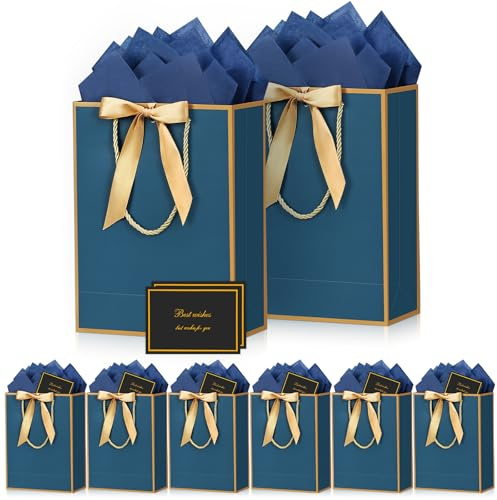 BBLIKE Sac Cadeau Papier - 8 Pochette Cadeau Anniversaire Moyen, Sachet Cadeaux Grand Format 8 Cartes 10 Mouchoirs, Gift Bag Elégantes pour Femme Fille Saint-Valentin Fêtes Noël Mariage (Bleu)