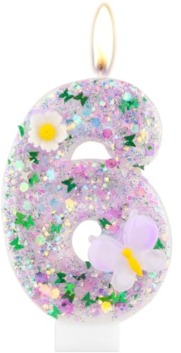 Schmetterlings 6th Geburtstag Kerze, 6th Geburtstag violette Zahl 6 für Kuchen, violette Pailletten Kerze, Schmetterlings Thema Kuchenaufsatz für Mädchen und Jungen Geburtstagsparty Dekorationen
