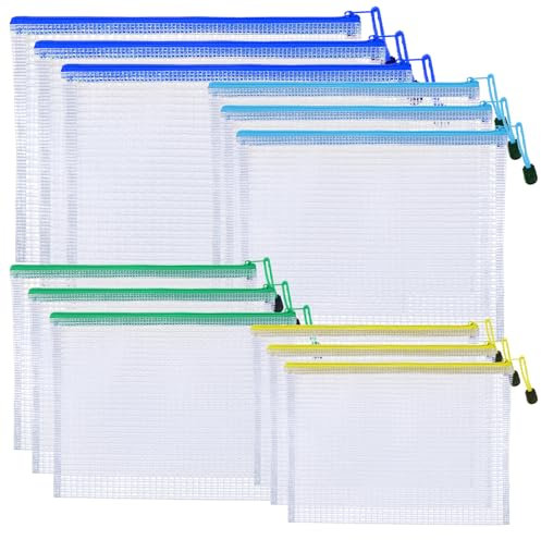 Qianyu 12 Stück Dokumententasche mit Reißverschluss 4 Größen Wasserdichte Datei Taschen Wiederverwendbar Mesh Plastic Zip Bag für Datei, Quittungen, Kosmetika