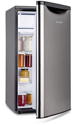 KLARSTEIN Yummy Refrigerador con compartimento congelador,R600a, 42 dB, 1 x estante de rejilla, incluye bandeja de goteo, 90 L, compartimento congelador: 8 litros, refrigerador: 90 L, plateado