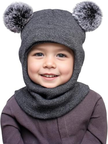 DRESHOW Kinder Wintermütze Warme Schal Schlupfmütze Strickmütze Kapuze Weiche Schalmütze mit Doppelt Bommel Pom Pom Beanie Mütze für Kleinkinder Jungen Mädchen 1-6 Jahre