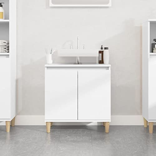 Myheimly Waschbeckenunterschrank,Badschrank mit Stauraum,Waschtisch Unterschrank mit Holzbeinen,Schrank Badunterschrank Badmöbel,Holzwerkstoff WaschbeckenunterschrankWeiß
