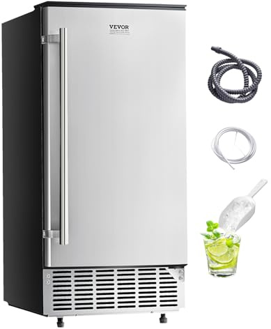 VEVOR Máquina para Fabricar Hielo Empotrada debajo del Mostrador, 36 kg/día, con Puerta Reversible de Acero Inoxidable, para Cocinas Comerciales y Domésticas, Drenaje Eléctrico, 380 x 485 x 855 mm
