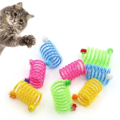 Coogime 8 Stück Katzenspielzeug Spirale, Buntes Kunststoff-Spielzeug mit Pompons, Mehrfarbig Katze Spielzeug, Buntes kreatives Spirale Spielzeug, Neuheit Spielzeug, Spirale für Katze