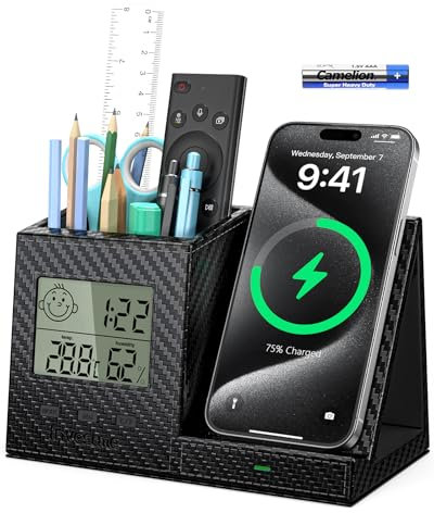 Investme Pen Holder for Desk, Desk Organizer with Wireless Charger, Built in Digital Indoor Thermometer and Humidity Monitor, Multi-Functional Pencil Organizer for Home Office, Black Carbon Fiber
