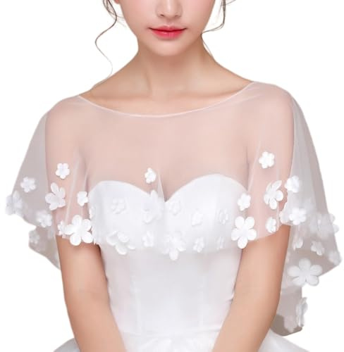 Wambere Damen Stola Brautkleider Umhang Bestickter Blumenschal Spitze Tüll Cape Umschlagtücher Dünner Umhang Abendkleid Shawls Umhang Schulterbedeckung für Hochzeit Braut Brautjungfer,Weiß
