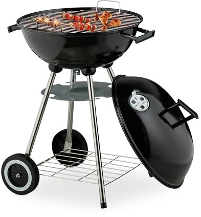 Relaxdays Barbecue a Sfera con Coperchio, Ø 44 cm, Grill a Carbonella da Esterno, 2 Ruote e Vassoio Raccoglicenere, Nero