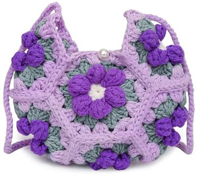 JHSDHYD Borsa Uncinetto Borsa a Tracolla Monospalla con Fiore gonfio Tridimensionale, a Mezzaluna, Realizzata a Mano(Purple)