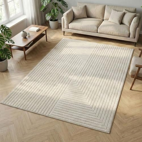 Carpetsale24 Tappeto 200x290 cm Crema, Pelo Corto con Effetto 3D Alto-Basso, Design Boho Scandinavo, per Soggiorno, Camera, Cucina o Esterni