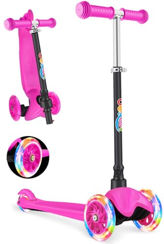 BELEEV Scooter Roller Kinder 2-6 Jahre, 3 Räder Kinderroller mit LED Leuchtende Räder, 4 Höhenverstellbare, Bremsen, Rutschfestes Deck, Lean to Steer, Scooter Kinder 2 Jahre Mädchen Jungen Geschenk