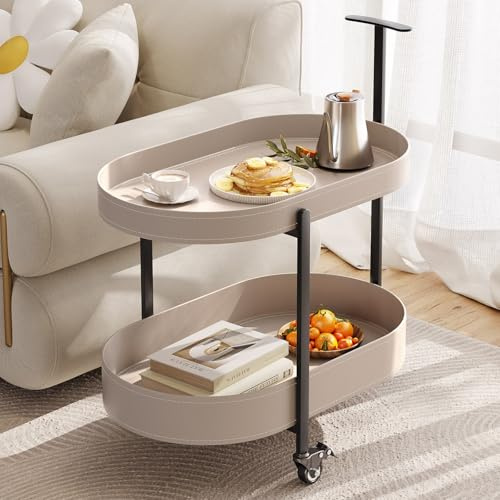 Miuuod Carrello da bar in metallo a 2 ripiani, con maniglia, tavolino laterale con ruote, per piccoli spazi, camera da letto, cucina, ufficio, camera da letto, bianco crema