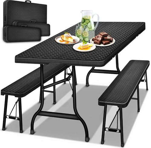 tillvex® Bierzeltgarnitur klappbar 3-teilig Set | Kunststoff Gartengarnitur wetterfest 180 cm | Gartenmöbel Set Indoor & Outdoor mit Gartentisch und Bänken | Festzeltgarnitur Rattan (Schwarz)