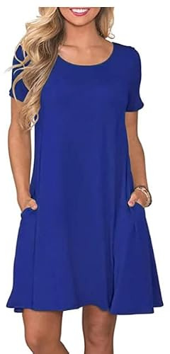 Abito estivo casual da donna a maniche corte, stile T-shirt svasato, con tasche funzionali, Colore blu, XL