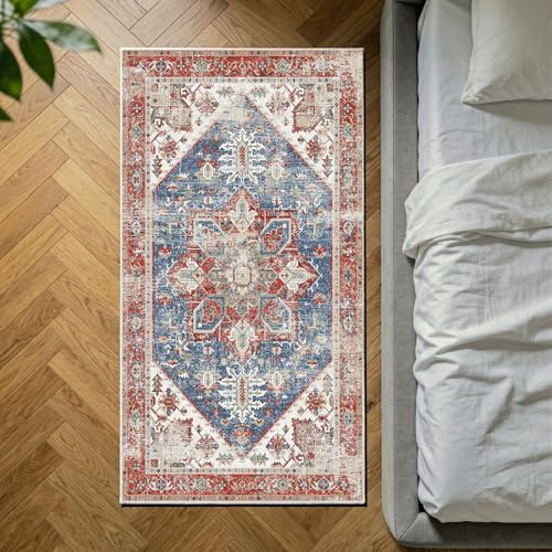 Decoranddecor Distressed Kitchen Rug 80x150cm Washable Bedroom Non-Slip | Blue Kitchen & Bedroom Rug, Machine Washable Rug, Area Rug, 6mm Low Pile, Pet Friendly, Stain Resistant