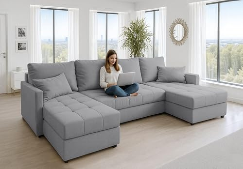 AXLIVING Ecksofas groß Dolceo 287 cm – Sofa grau mit Schlaffunktion & Ottomane