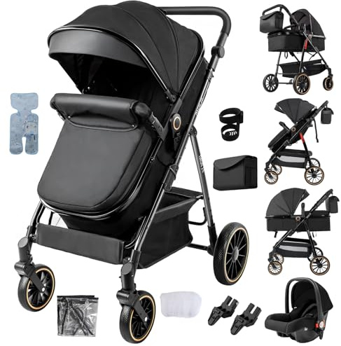 Aveainelle 3 in 1 Baby Stroller, Travel System Reclining and Reversible, One-Click Folding Pushchair Pram, Infant Buggy with Complete Accessories, Front and Rear Wheel Dual Brake Mode (Black)