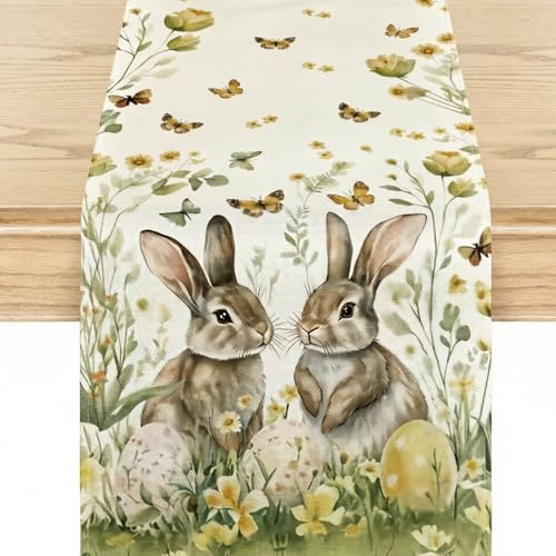Mode Ostern Tischläufer 40x180 cm mit Hasen & Ostereiern Saisonnal Frühlings Tischläufer für Küche & Esstisch, Osterdeko Geschenk Drinnen Urlaub Party Dekor