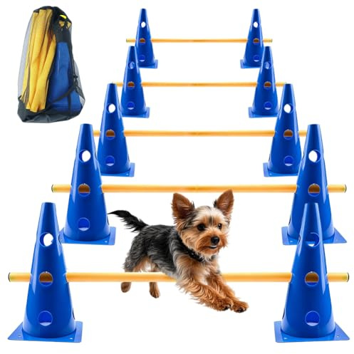 Meenewching Steckhürden Set für Agility Training, 5 Stück Hindernisse mit 10 Kegel 23cm Höhe und 5 Stangen 80cm Lang, Verstellbare Hürdenset für Hundesport, Pferdetraining und Kinderturnen