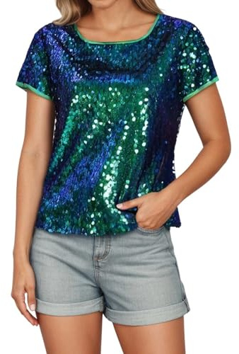 Damen Pailletten Kurzarm T-Shirt Rundhals Disco Party Top Lässiges Sommerblusenhemd Für Den Alltag Und Zum Ausgehen(Grün,S)