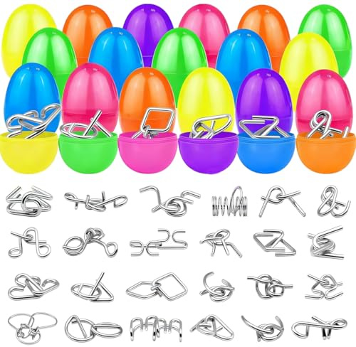 IWIDYA 24 Stück Ostereier zum Befüllen MIT Metall-Puzzle - Plastikeier mit 24 Knobelspielen für Erwachsene & Familie, 6 Farben - Intelligente Ostergeschenke & Ostereiersuche