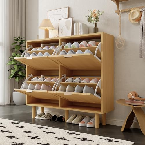 muenfly Schuhschrank mit 4 Klappschubladen Rattan 100x25x90 cm Eiche, Schuhkommode für Flur Diele, Schuhregal Platzsparend Landhausstil, Holzmöbel mit Verstellbaren Böden