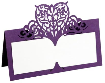 Paquete De 50 Tarjetas De Lugar De Corazón Cortadas Con Láser Para Recepción De Boda, Elegantes Tarjetas De Nombre De Mesa De Corazón Hueco, Tarjetas De Acompañamiento De Asiento Plegable (Violeta)