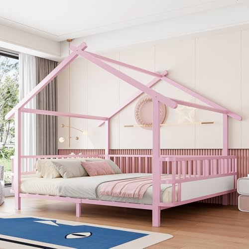Ktipm Cama Montessori Infantil 140x200 cm con Barandilla y Diseño de Techo | Cama Casita Montessori con Estructura Metálica, Cuna Camas Infantiles Niño Niña con Soporte de Listones, Sin Colchón, Rosa