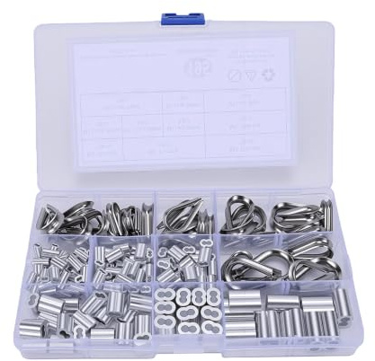 Oreilet Kit de Fundas para Dedales de Cable de Cuerda de Alambre de 195 Piezas, Dedales de Acero Inoxidable M2 M3 M4 M5 y Casquillos Engarce Cable Aluminio M1.2 M1.5 M2 .5 M3 M4 (195 Uds.)