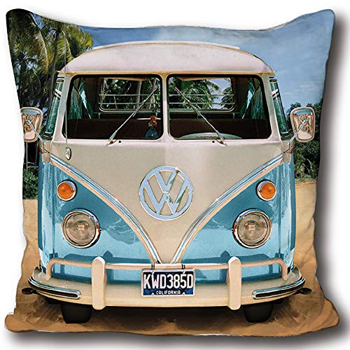 VW Volkswagen Bulli T1 Kuschelkissen – Blau Grün Rot 40 cm x 40 cm – Bus Wohnmobil Deko für Auto, Reise und Bettwäsche 084