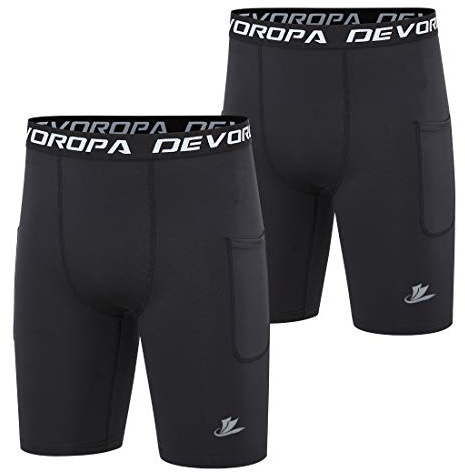 DEVOROPA Youth Boys' Compression Shorts Performance Athletic Base Layers Workout Training Underwear Side Pocket Black/Black L (Pack of 2)