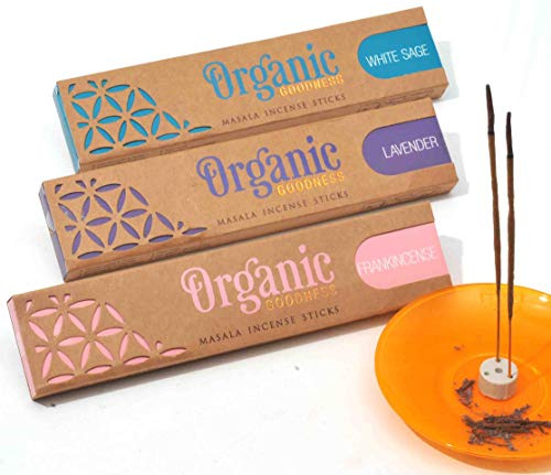 Organic Goodness Incense Sticks - 3 Pack: Sandalwood, Champa and Patchouli. Total 45 Grams with Ceramic Burner (Saucer not Included) (Lavender, Frankincense and White Sage)