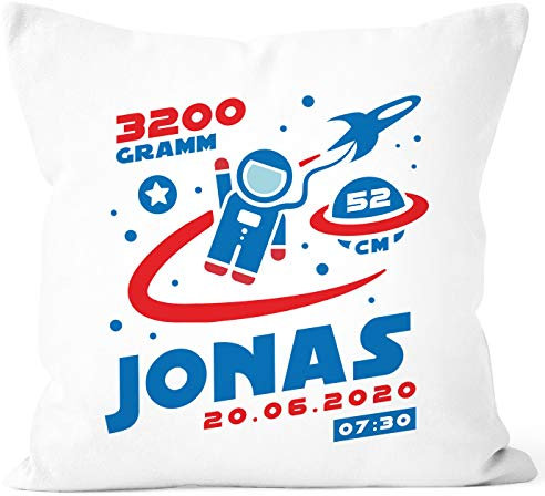 SpecialMe® personalisierbarer Kissen-Bezug zur Geburt Astronaut Spaceshuttle Weltraum Geburtskissen Namenskissen Geschenk Baby weiß 40cm x 40cm