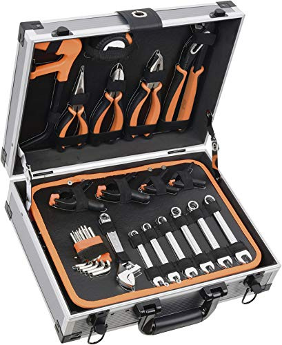 BOXER® Werkzeugkoffer gefüllt 107-teilig – Toolbox mit Zangen, Schraubendrehern, Steckschlüsseln & Hammer – stabile Aluminium Werkzeugkiste gefüllt