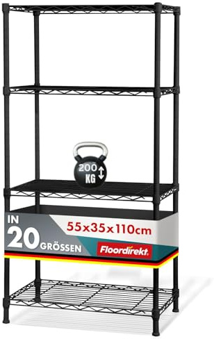 Floordirekt Gitterregal Rocky | Metallregal | Tragkraft ca. 50 kg je Boden | Multifunktionales Ablagesystem | In Zwei Farben und verschiedenen Größen erhaltlich (55 x 35 x 110 cm, Schwarz)