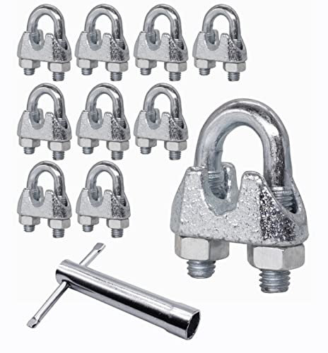 Confezione da 10 morsetti per fune metallica M8, DIN 741, morsetto in acciaio per fune metallica Ø 10 mm (10 pezzi, M8 per Ø 10 mm) Chiave tubolare inclusa