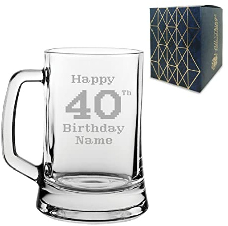 Personalised Engraved Tankard Beer Mug Stein Happy 40th Birthday Pixelated Design Gift Boxed, 16.75oz/495ml Classic Beer Glass, Any Name, Engraved in The UK