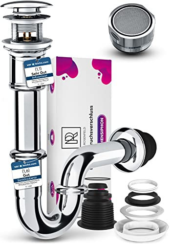 Sifone Tubolare Lavandino in Ottone con Tappo Piletta Click Clack con Troppopieno e Aeratore per Rubinetto M24 - Tutto in Dotazione