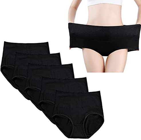 Jamron Donna Taglia Forti Pacco da 5 Mutande Vita Alta Biancheria Intima Slip Maxi di Controllo della Pancia Nero + Nero + Nero + Nero + Nero 5XL