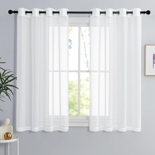PONY DANCE Scheibengardinen Küche Weiß Ösenvorhang Kurze Vorhänge Wohnzimmer Deko Voile Gardinen Weiss Transparent Leinenoptik Vorhang Durchsichtig, 2er Set H 137 x B 140 cm