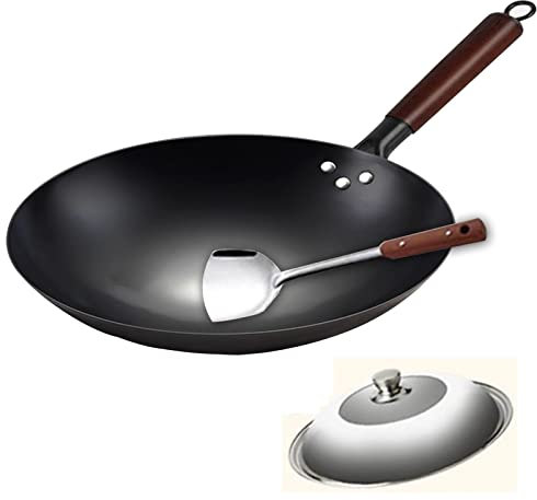 IMPREC Wok Induzione, Wok in Acciaio al Carbonio Pre-stagionato Padella for Wok Cinese Senza Rivestimento Chimico Inferiore con Coperchio E Spatola (Size : 36x10cm)